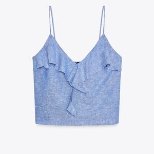 Zara Blue Ruffle Camisole Top Size XS Linen Blend